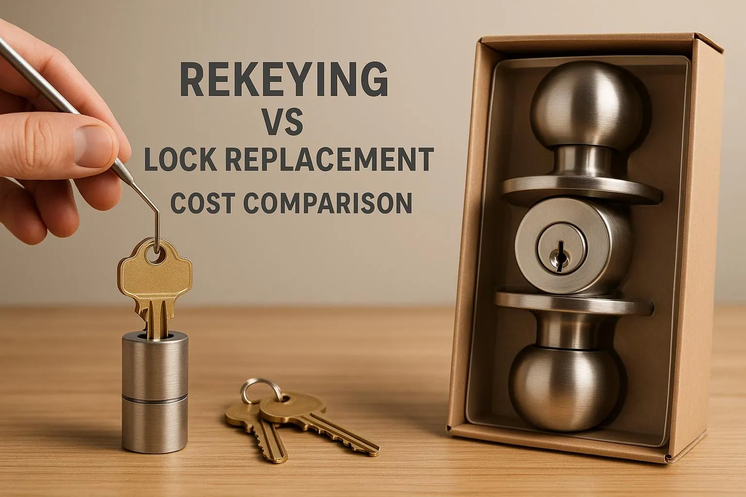 Hand holding a key and lock cylinder beside a boxed door knob set under the words Rekeying vs Lock Replacement Cost Comparison