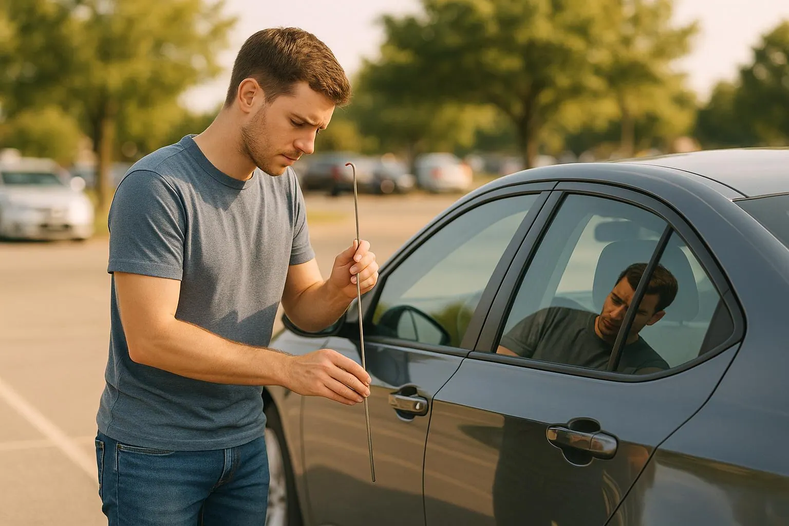 Man using a tool to open a locked car door in a parking lot