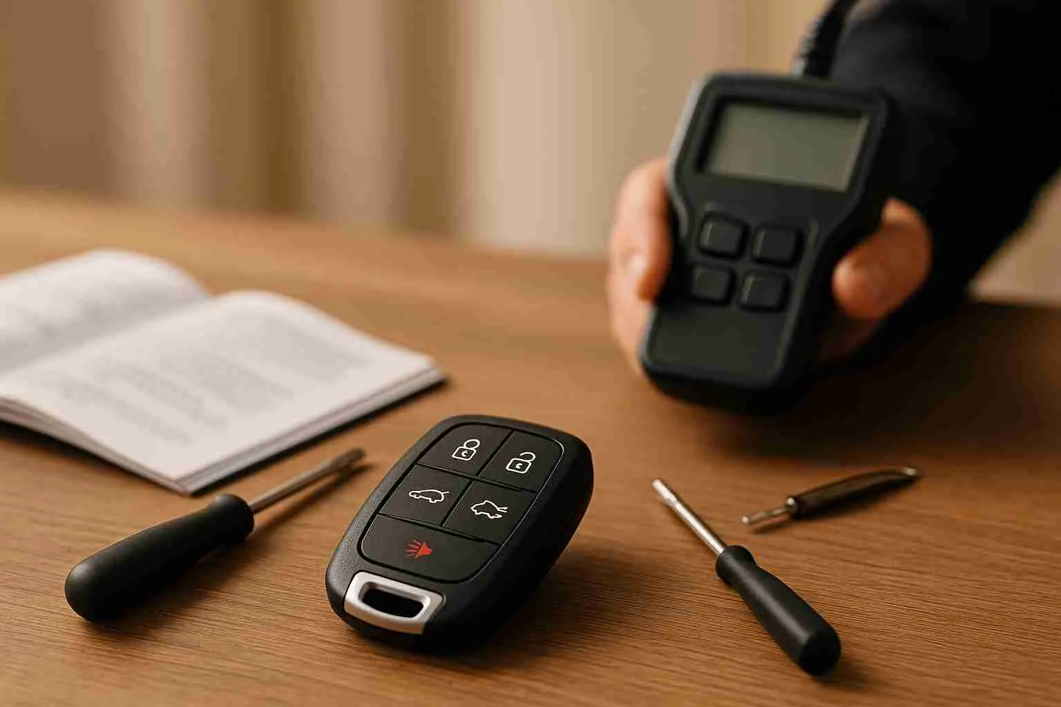 Hand holding a key fob programming tool beside a car key fob, screwdrivers and an owner's manual