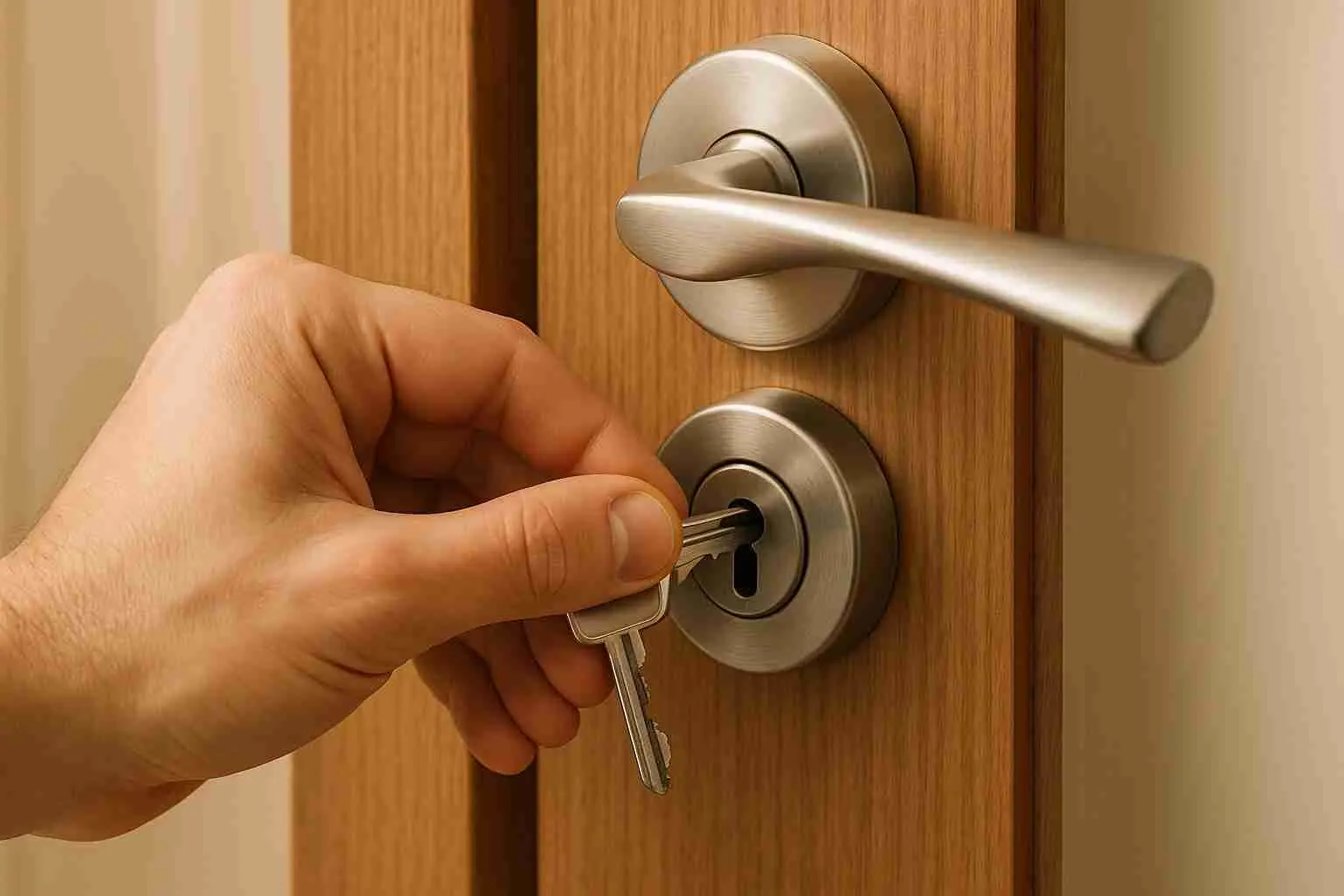 Hand turning a key in a jammed door lock below a lever handle