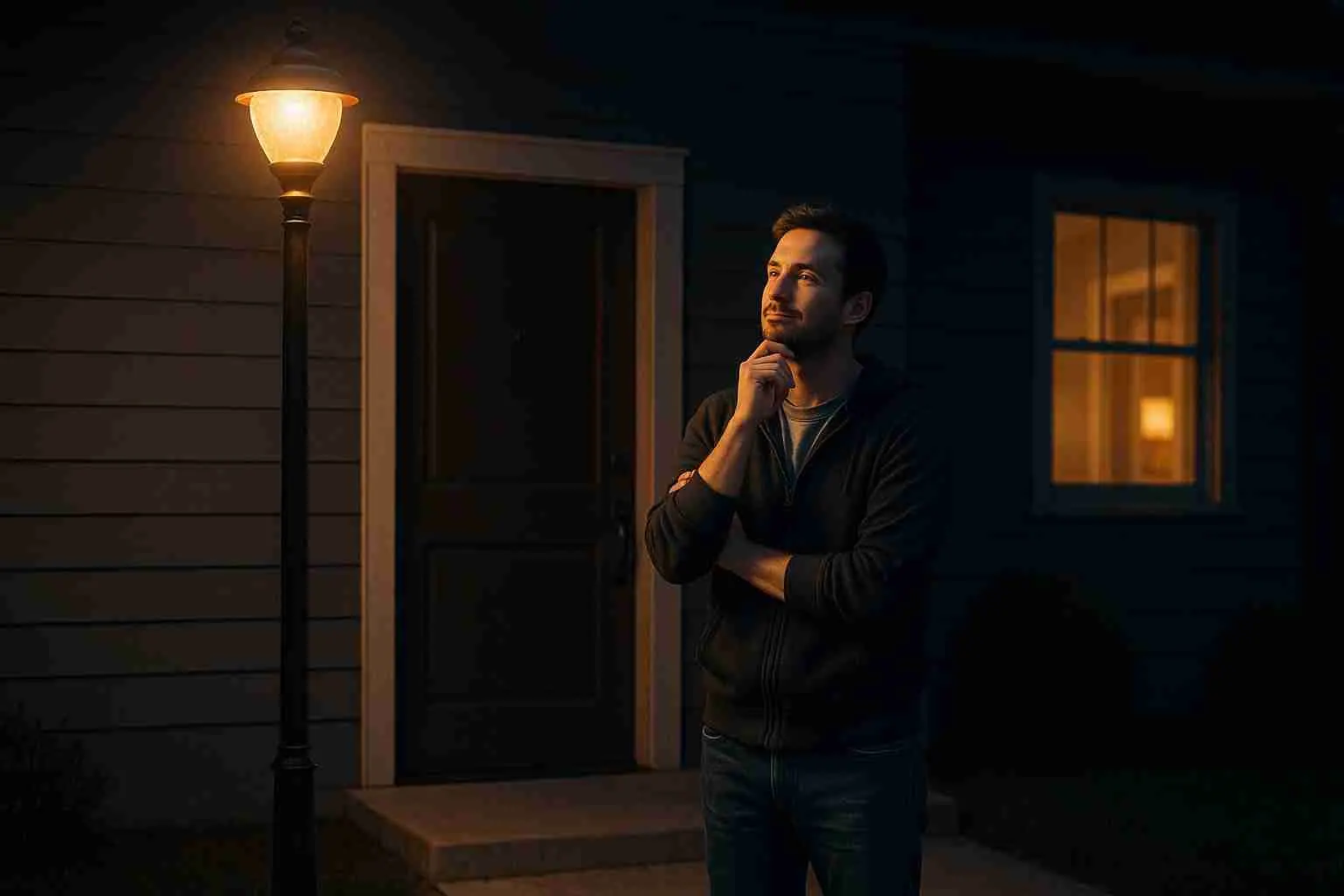 Worried man standing at a dark front door at night after being locked out