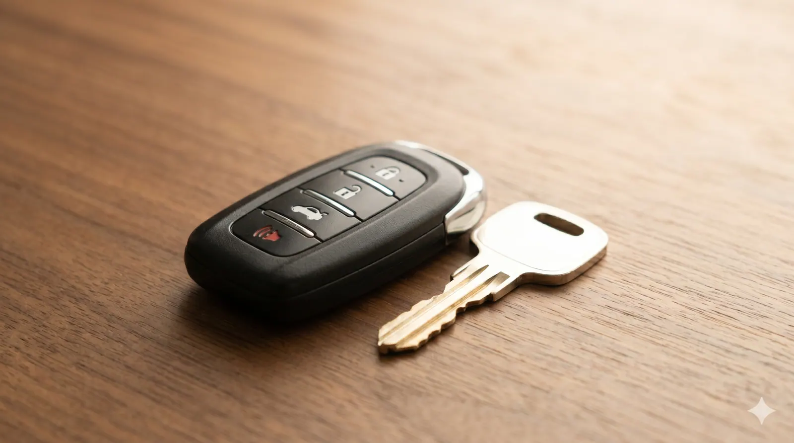 Car key fob and a freshly cut metal car key on a wooden surface