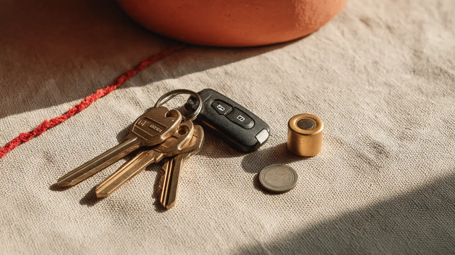 Three brass keys and a black two-button remote fob on a key ring, beside a coin cell and a small brass cylinder on sand-colored linen with a red thread