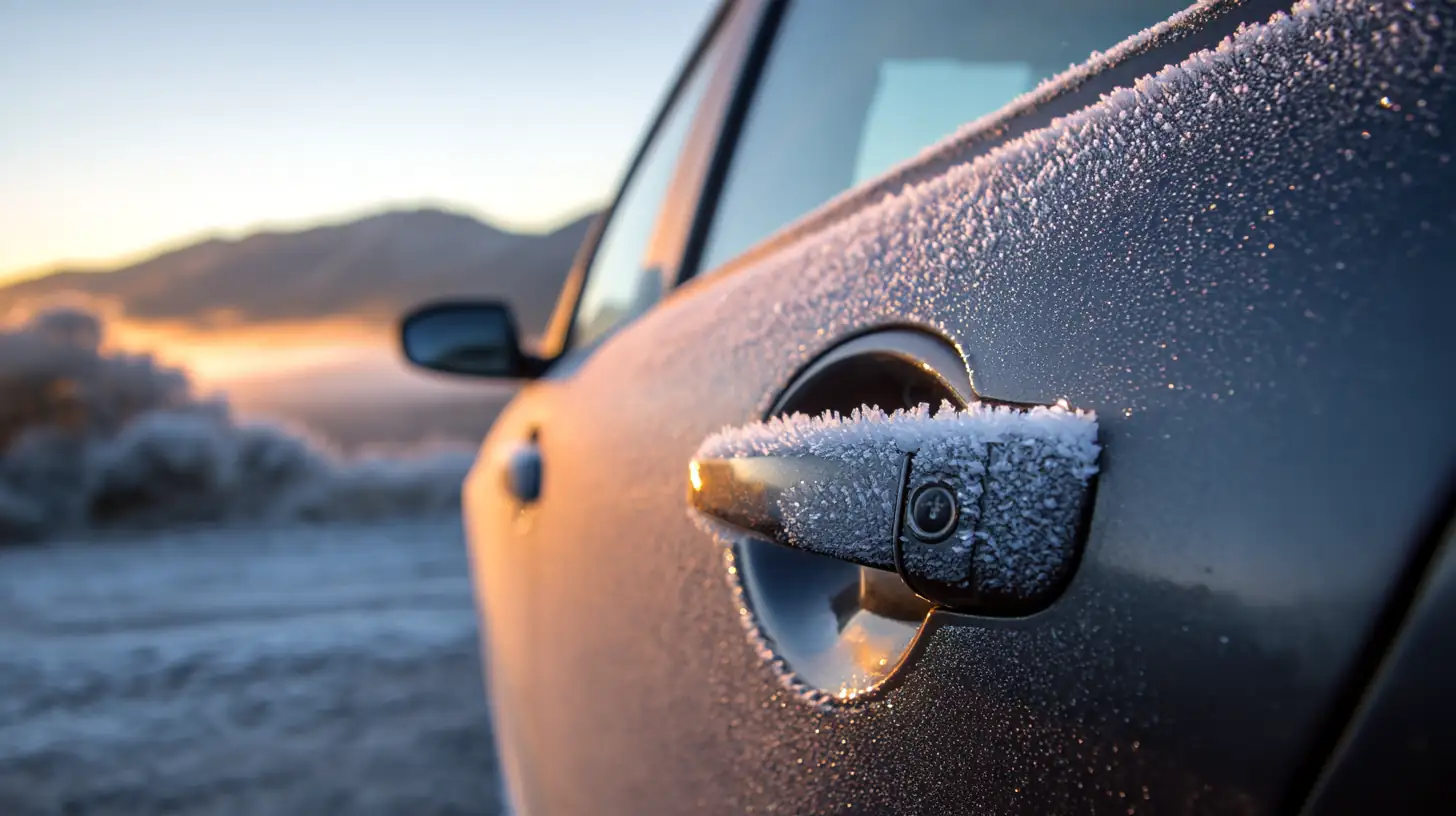 Frost on the door handle and keyhole of a gray car at sunrise, with frosted desert brush and a mountain ridge out of focus behind