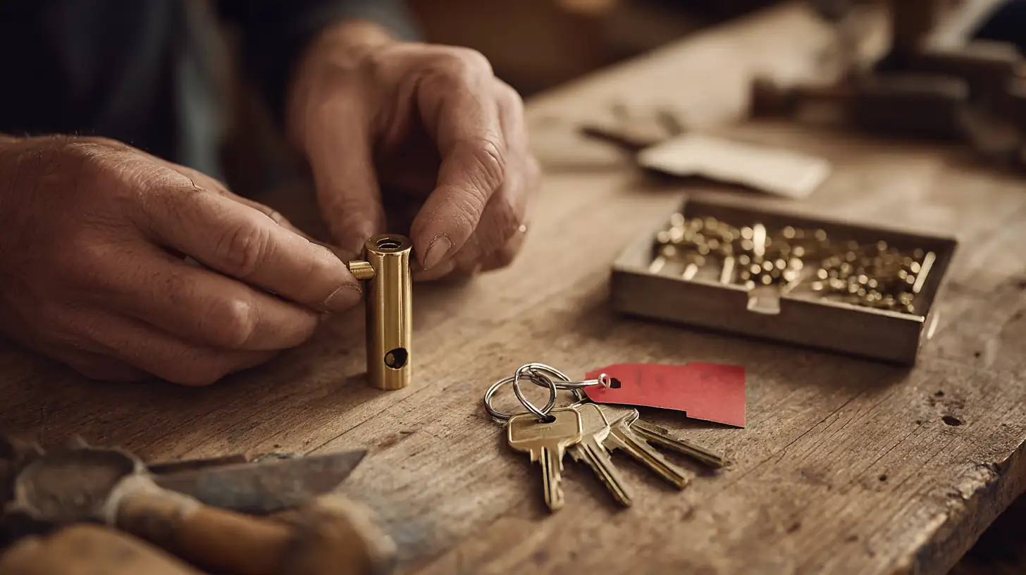 Hands holding a small brass cylinder on a worn wooden workbench, beside a tray of brass pins and a ring of brass keys with a red paper tag